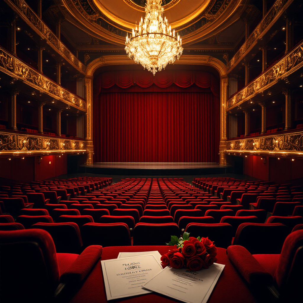 Die schönsten Musicals für Paare: romantischer Theatersaal mit rotem Vorhang und Kronleuchter