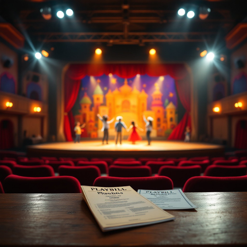 Farbenfrohe Theaterbühne zeigt welches Musical für Kinder geeignet ist