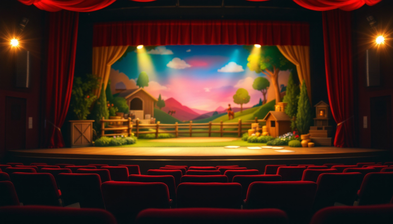 Bühne für ein Bibi und Tina Musical mit Reiterhof-Kulisse und Zuschauersitzen